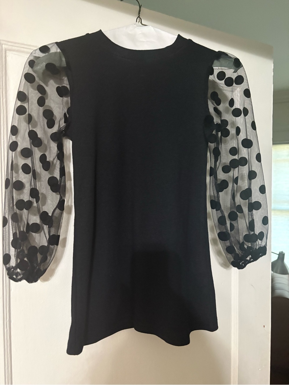 SHEIN Black Knit Top with Polka Dot Sheer Puff Sleeves